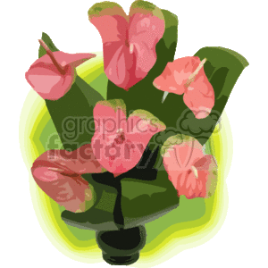 The clipart image depicts a bunch of tropical flowers, likely meant to be Hawaiian in theme, with a variety of pink blooms and green leaves. The flowers are presented against a stylized backdrop that suggests foliage or nature, and the bouquet is situated in a simple black vase.