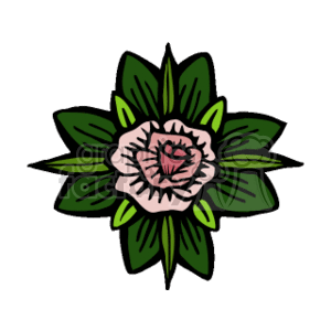 The image depicts a stylized illustration of a flower with pink petals at the center and a layer of green leaves surrounding it. The flower has a simplified look that is typical of clipart, with bold outlines and flat colors.