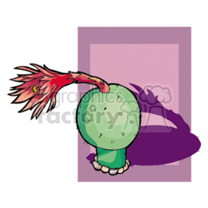 This clipart image features a stylized, cartoon-like depiction of a green cactus plant with a reddish-pink flower bloom. The plant appears to be a representation of a Sudmatucana madisoniorum, a type of cactus known for its globular body and large, showy flowers. The plant is set against a simple background with a pink square and a shadow casting to the right.