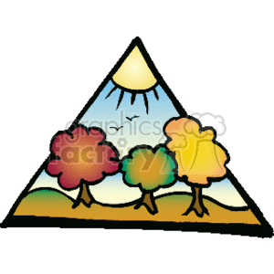 The clipart image depicts a stylized autumn scene within a triangular frame. There are three trees with multi-colored foliage in red, orange, and yellow tones, representing the fall season. A sun with rays is situated at the top corner of the triangle, suggesting a sunny autumn day. The blue and green gradients in the background might represent the sky and the grass.
