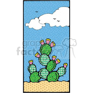 The clipart image depicts a stylized cartoon cactus with multiple green segments and yellow-pink blossoms at the tips. The cactus is set against a blue sky with a couple of white, fluffy clouds and three black birds flying in the distance. The ground is represented by a sandy texture, indicative of a desert environment.