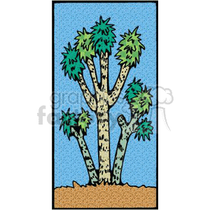 The image is a clipart illustration featuring a Joshua tree, which is a type of yucca plant native to the southwestern United States. The tree has a tall, branching form with spiky leaves atop each branch, and it is situated in a desert landscape with a blue sky background and brown ground.
