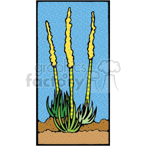 This clipart image shows a stylized representation of a desert plant, potentially an agave or aloe-like species, with tall, blooming flower stalks. The plant has long, pointed leaves at the base and vertical, elongated flower stalks that are yellow at the tips, suggesting the presence of flowers. The background simulates a desert setting with a brown soil base and a blue speckled backdrop, possibly indicating the sky.