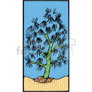 The clipart image depicts a stylized illustration of a desert scene with a singular tree. The tree has a green trunk and stylized black needle-like leaves. It is planted in a sandy ground that suggests a desert environment. The background is a solid light blue, possibly representing the sky.