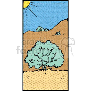 The image depicts a desert scene with one prominent tree in the foreground and a couple of smaller trees in the background. There are sand dunes, and a sun visible in the top left corner. The ground is speckled, possibly representing arid terrain.