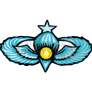 The clipart image depicts a stylized version of a pilot's badge, also known as pilot wings. The badge features a centrally located star on top of a circle, with wings extending on both sides. The wings are a light blue color with dark blue accents, and there is a light blue and dark blue shaded design between the wings, which is presumably representing a shield or an emblem.
