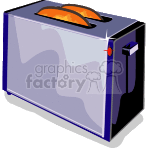 The clipart image depicts a modern toaster with a piece of toasted bread popping out. The toaster has a reflective surface with a light and dark purple design, and it includes details such as the toasting lever on the side and a red indicator light.