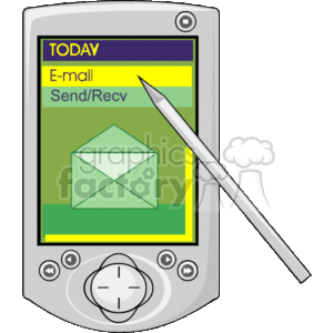 The clipart image features a Palm Pocket PC, also known as a personal digital assistant (PDA). The image shows the device displaying an email application on the screen with the option to Send/Recv. A stylus is shown interacting with the touchscreen. Below the screen are the navigation buttons and a central navigation pad that resembles a clock face.