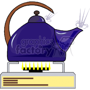 The clipart image shows a blue teapot with a brown handle and a silver spout and lid sitting on an electric stove that has yellow flames (intended to symbolize the heating element) underneath it. Steam is rising from the teapot's spout, indicating that the water inside is boiling. 