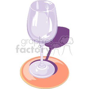 This clipart image depicts a stylized wine glass, which appears to be empty. The glass has a long stem and a round base, a common shape for wine glasses used to serve both red and white wines. The colors used are a combination of purples, whites, and oranges, suggesting a playful or artistic representation rather than a realistic one. The background is absent, which is typical for clipart to allow for easy incorporation into various designs.