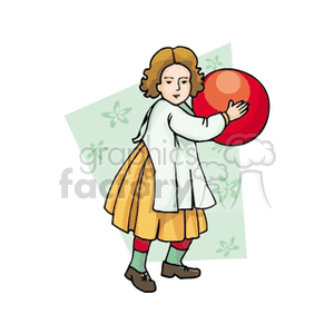 Girl in a yellow dress holding a big red ball
