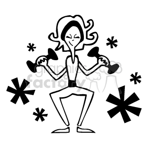 The clipart image depicts a stylized figure of a woman doing a squat exercise while holding weights in both hands. She is illustrated with a smile and a pose that suggests a positive and energetic attitude towards fitness and exercise. The image is a black and white line drawing with decorative elements that resemble asterisks around her, possibly indicating the motion of the weights or emphasizing the action and energy of the workout.