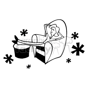 This clipart image shows a person relaxing in a chair with their legs extended, likely on a footrest. There are flower-like symbols around the chair, which may suggest a peaceful or leisurely atmosphere. 