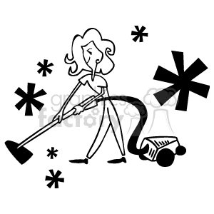 The image shows a stylized line drawing of a person vacuuming. The individual is holding and using a vacuum cleaner, with the cleaner's hose and body visible. There are starburst shapes around the person, which may indicate the act of cleaning or the cleanliness of the area.