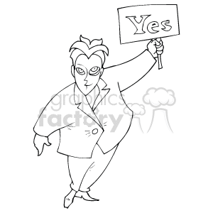 The clipart image depicts an animated character of a man in a suit holding a sign that says Yes. He appears to be gesturing or standing confidently with the sign held high, likely indicating agreement or affirmation.