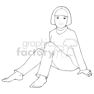 The image shows a line art illustration of a single girl sitting on the ground. She appears relaxed with her legs bent and one arm supporting her upright. The girl is depicted in a simple, minimalist style. Her facial features are gentle and she has a slight smile, wearing what seems to be a casual outfit with a long-sleeve top and pants.