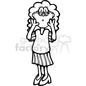 The clipart image depicts a cartoon-style drawing of a woman with a country look. She appears surprised or worried, with her hands raised to her cheeks and her mouth open in a shocked expression. She's wearing a sleeveless top with a collar, a pleated skirt, and glasses with large round frames. Her hair is curly and voluminous.