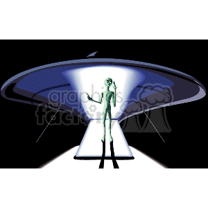 The clipart image features a classic flying saucer-style UFO with a silver and blue color scheme. A beam of light is shining down from the underside of the saucer, and within this beam stands a green alien with large black eyes and elongated limbs, characteristic of the popular depiction of extraterrestrial beings.