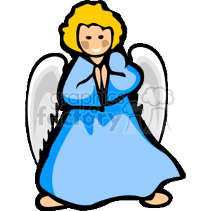 This is a colorful clipart image depicting a stylized angel with a joyful expression. The angel has blond hair, brown eyes, and is wearing a blue robe. The angel's hands are pressed together in a gesture that could be interpreted as praying, and there are white wings on the angel's back. This image might be suitable for themes related to heaven, Christmas, happiness, peace, or spirituality.