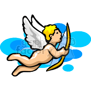 This clipart image depicts a stylized representation of an angel or Cupid character. It shows a figure with wings, presumably flying through the air, blond hair, and holding a bow, ready to shoot an arrow. The character is rendered in a cartoonish style with bold outlines and bright colors. The background consists of simple blue cloud-like shapes.