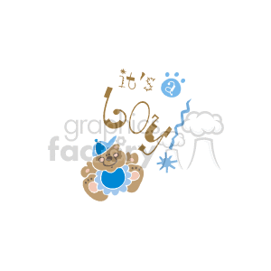 The clipart image features a cartoon-style illustration with the phrase It's a boy suggesting a newborn baby boy announcement. The image includes a smiling teddy bear in blue, representing traditional boy colors. The bear is surrounded by decorative elements such as stars and circles, also in a blue color palette.