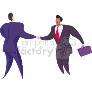 The clipart image depicts two men in business suits shaking hands. One man is facing away, and we can see the back of his suit, while the other is facing towards us with a smile. The man shaking hands and facing us is also holding a briefcase. Both men appear to be happy and engaging in a friendly or professional handshake, possibly signifying a business agreement or partnership.