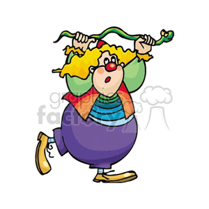 A Chubby Clown Running Holding a Snake in his Hands 