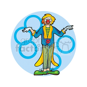 A Funny Clown With his hands out Surrounded by Big Blue Rings
