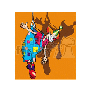 A Funny Clown With Colorful Clothes and Big Red Shoes Hanging By a Hook