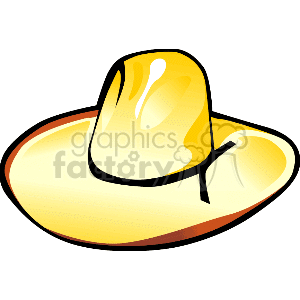 The clipart image depicts a yellow cowboy hat with a wide brim and a black tie around the crown. This type of hat is often associated with Western attire and cowboy style.