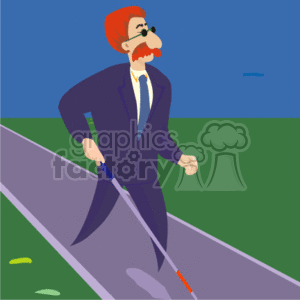 This clipart image shows a stylized depiction of a man who appears to be blind, as indicated by the use of a white cane with a red tip, which is typically associated with visually impaired individuals. The man has red hair, a mustache, and is wearing glasses. He is dressed in a dark suit with a white shirt and is walking confidently along a path against a backdrop of blue sky above and green grass below.
Concise 