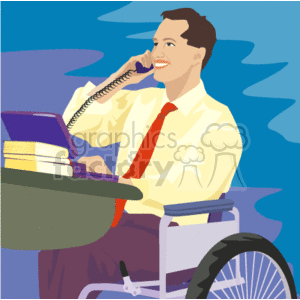The clipart image portrays an individual in a wheelchair at a desk. The person appears to be engaged in work activities, wearing business attire consisting of a shirt and tie, and is speaking on a landline phone. There are items on the desk that suggest work tasks, such as a laptop and some books or folders. The person's facial expression is happy and they seem to be active in a business conversation.