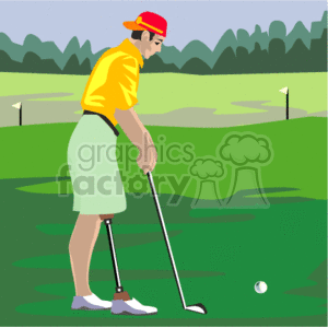 The clipart image shows a person with a prosthetic leg playing golf. The individual is preparing to swing at a golf ball on the course, dressed in a yellow shirt, green shorts, a red hat, and wearing golf shoes. The background features a stylized representation of a golf course with greenery and flag-marked holes.