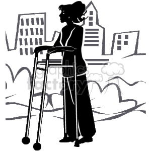 The image is a black and white clipart illustration that features a woman using a walking aid or walker. She appears to have a disability or mobility impairment, requiring the use of the assistance device for walking. The background depicts an urban landscape with buildings and what could be a body of water, possibly indicating an outdoor setting in a city.