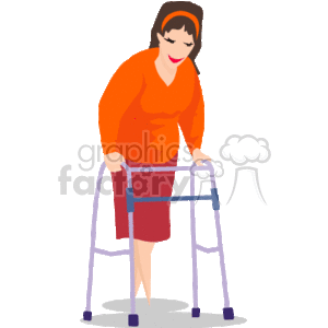 The clipart image depicts a woman using a walker to assist with walking. She is wearing an orange top, a burgundy skirt, and has a closed-eye expression that may suggest contentment or concentration.