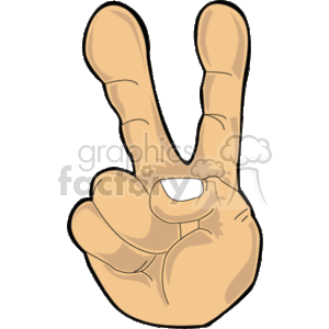The image shows a cartoon drawing of a hand gesture commonly associated with peace or victory. The hand is depicted with the palm facing forward, the index and middle fingers are raised and separated to form a 'V,' while the thumb holds down the ring and little fingers.
