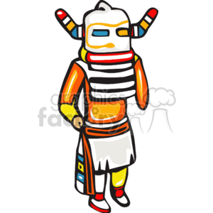 The image depicts a stylized figure that appears to represent a Native American person, potentially a decorated or ceremonial figure given its colorful and detailed attire. The figure has intricate clothing with stripes and patterns, a headpiece with two horns, and face paint or a mask covering the eyes.