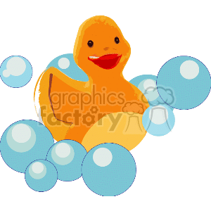 The clipart image shows a yellow rubber duck surrounded by blue bubbles. The rubber duck is depicted in a classic style, often associated with a child's bath toy, smiling and appearing buoyant.