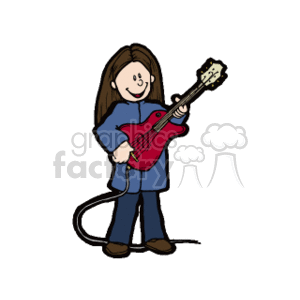 The clipart image shows a cartoon of a young girl holding an electric guitar. She has brown hair, is smiling, and appears to be ready to play the guitar. She is wearing a blue oversized shirt and brown shoes. The guitar is red with white detailing and the cord is plugged in, suggesting she may be ready to perform or practice.