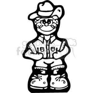 The image is a black and white clipart of a cartoon-style cowboy. The character is wearing a cowboy hat, a western-style shirt with flap pockets, jeans, and cowboy boots. The cowboy has a friendly expression and a handkerchief tied around the neck, which is typical of country or western attire. The style suggests the image might be suitable for a children's coloring book or an educational resource to teach about cowboy-related themes.