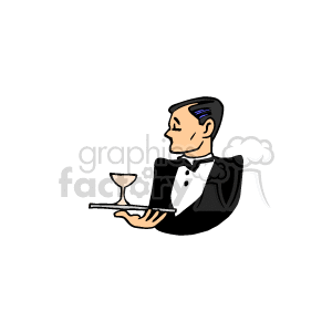 The clipart image depicts a waiter in a formal uniform with a bow tie holding a tray with a wine glass on it. This suggests a setting of a restaurant or a dining service where a waiter is ready to serve wine to guests.