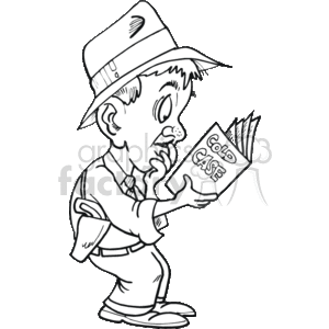 The clipart image shows a cartoon of a private investigator or detective. He's wearing a hat typically associated with classic detectives, and he's intently reading a file labeled COLD CASE. The character is dressed in a trench coat, emblematic of the stereotypical private eye attire, and is deeply focused on the documents, suggesting he might be searching for clues in an unsolved crime.