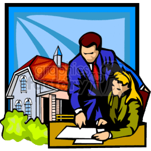 The clipart image features two professional figures, likely realtors or real estate agents, in a consultation or meeting scenario. The person on the left appears to be a man dressed in a blue suit guiding or showing something on a document to the person on the right, who appears to be a woman. They are both standing over a desk or table. In the background, there's an illustration of a house with a red roof, symbolizing the real estate theme, and a small green bush beside the house. There's also a window-like blue backdrop suggesting an office environment.