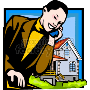 The clipart image depicts a person who appears to be a real estate agent (realtor) talking on a mobile phone. The realtor is dressed in a business suit and smiling. In the background, there is an illustration of a house, suggesting the context of real estate. The image is framed by a blue border, possibly representing a window or a picture frame.