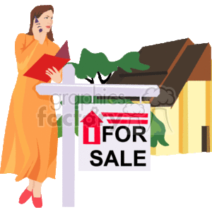 The clipart image shows a woman, likely a real estate agent (realtor), standing beside a For Sale sign outside a house. She is holding documents in one hand and talking on a mobile phone with the other hand. The agent appears to be professionally dressed in an orange dress and red shoes. In the background, part of a house is visible with a green tree.