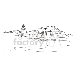 The clipart image depicts a lighthouse on a rocky coast with ocean waves and some buildings, likely a keeper's house or associated structures with the lighthouse. The image has a sketch-like, line drawing quality and represents a typical coastal scene, possibly representing an east coast setting.