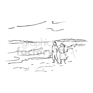 This clipart image depicts two people on the beach with waves in the background, suggesting they are at the ocean's edge. The image is a simple black-and-white line drawing, evoking a serene seaside scene.