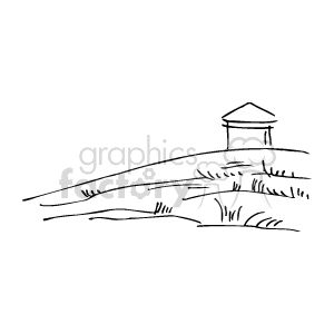 This clipart image depicts a serene beach scene that includes gentle ocean waves reaching the coastline, with a lifeguard tower overseeing the shore. There's an expanse of sand leading up to the water, characterized by simple wavy patterns indicating the ocean's edge. The illustration has a minimalist and peaceful quality to it, typical of a beach on the east coast.