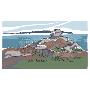 This clipart image features a rocky coastline with the ocean in the background. The sky has light cloud streaks, indicating it might be a pleasant day. There's visible foliage, suggesting some greenery amongst the rocks. Based on the keywords provided, this could be a stylized representation of an East Coast seaside landscape.