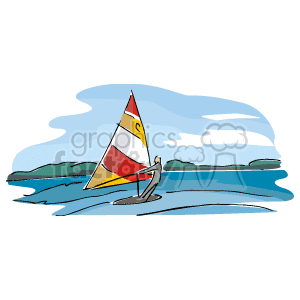 The clipart image depicts a windsurfing scene where a person is standing on a board and maneuvering a sail attached to it. The background features an ocean or sea with waves and a hint of land on the horizon, suggesting this is taking place at the beach. The sky is partially cloudy.